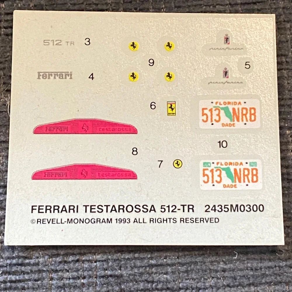 Monogram Ferrari Testarossa 512 TR Model Kit 1:24 Red Vintage